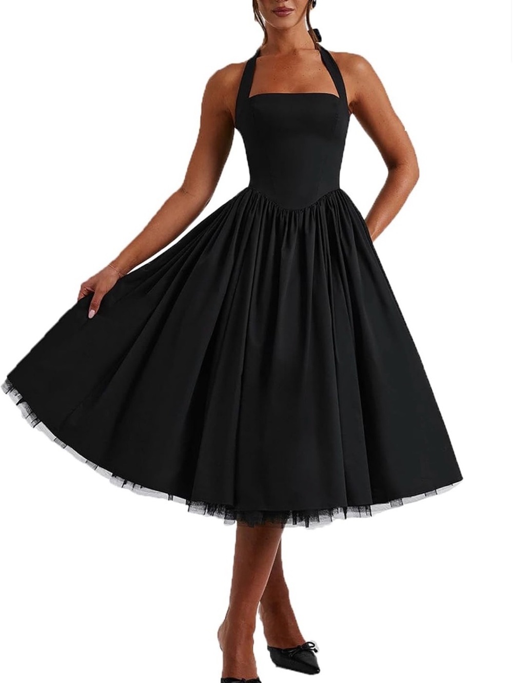 NWT Black Halter-Neck Midi Dress with Full Circle A-Line Tulle Skirt, Medium
